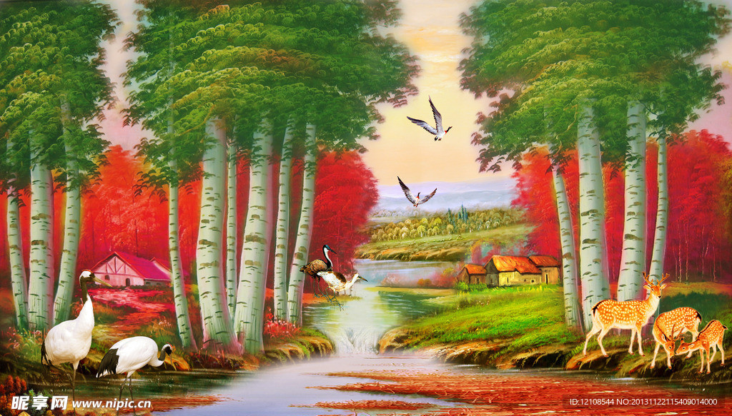 油画风景白桦树