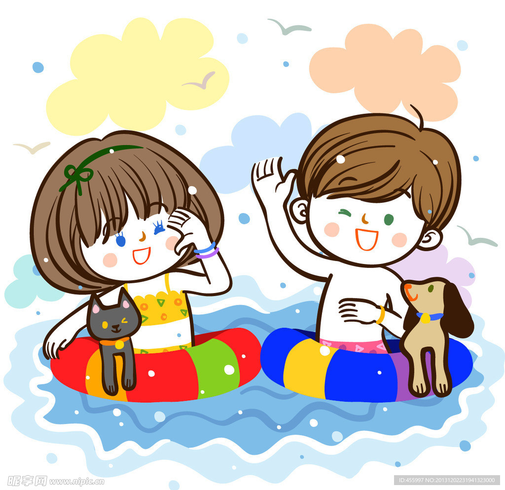 海水中嬉戏的男孩女孩