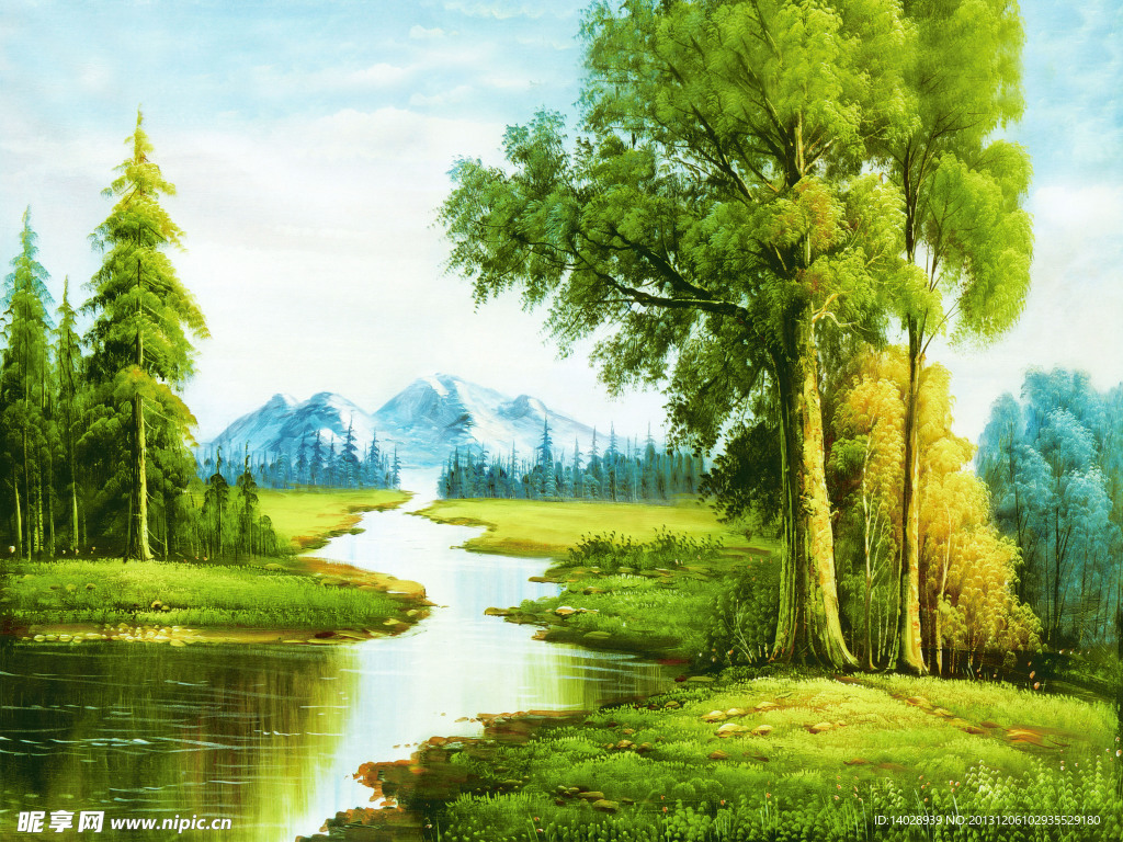 油画 风景 绿叶