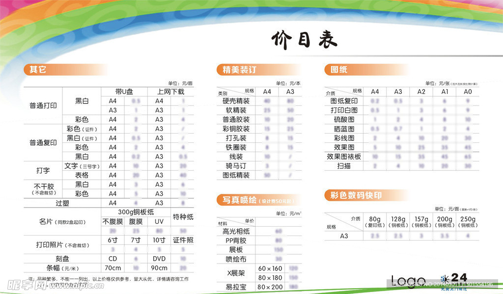 快印店价目表