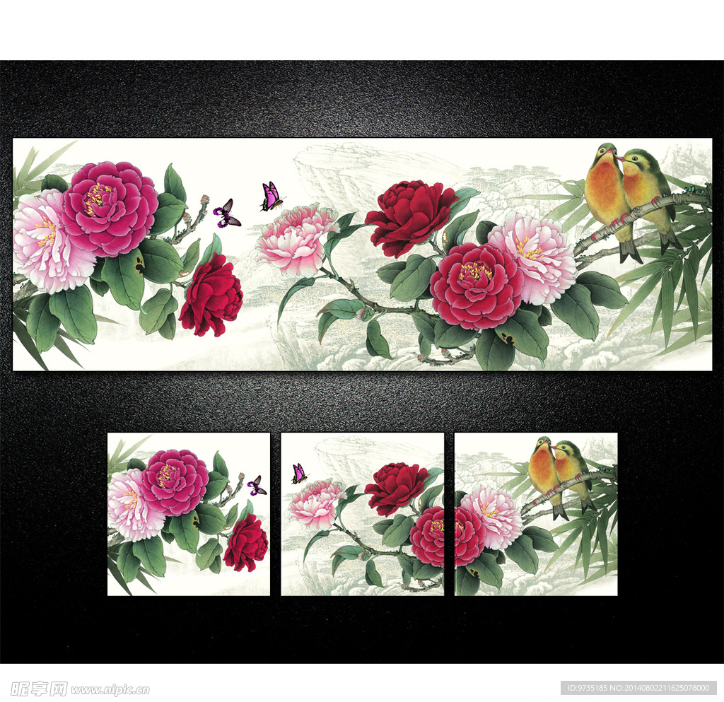 工笔花鸟牡丹花无框画