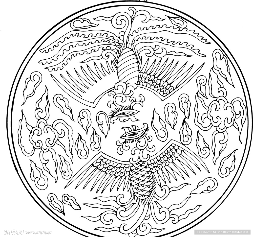 凤凰 飞鸟 矢量线稿 