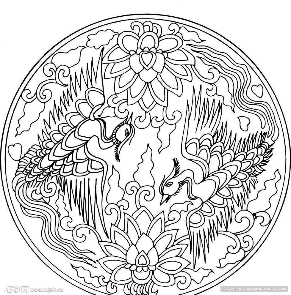 凤凰 飞鸟 矢量线稿 