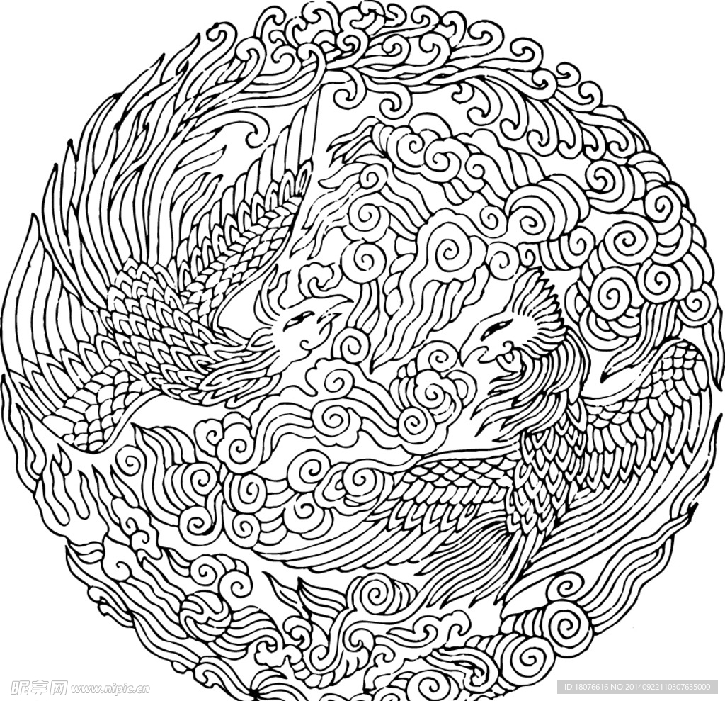 凤凰 飞鸟 矢量线稿 