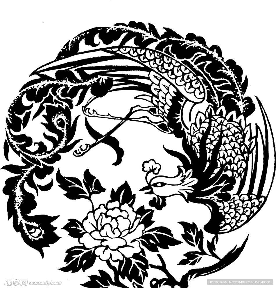 凤凰 飞鸟 矢量线稿 