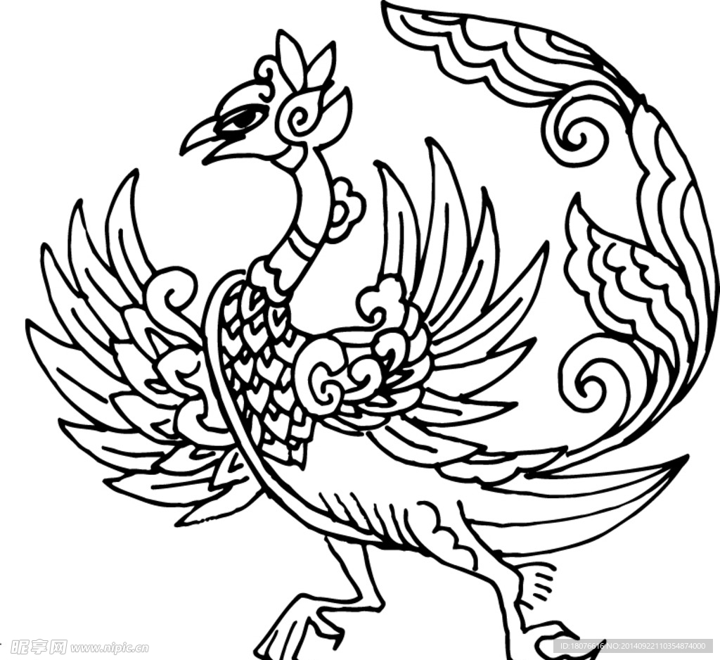 凤凰 飞鸟 矢量线稿 