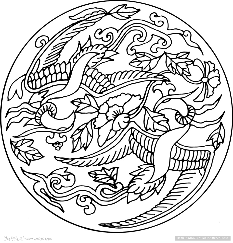 凤凰 飞鸟 矢量线稿 