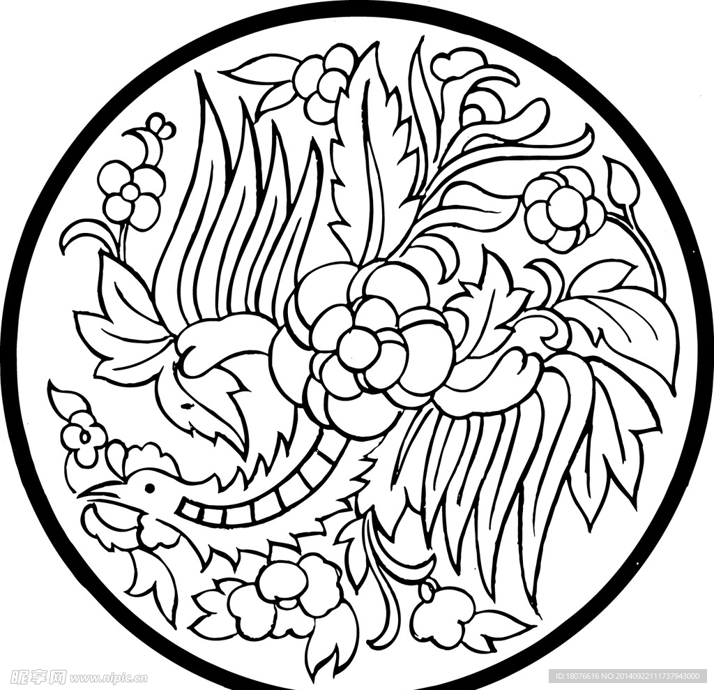 凤凰 鸟 花草 矢量线