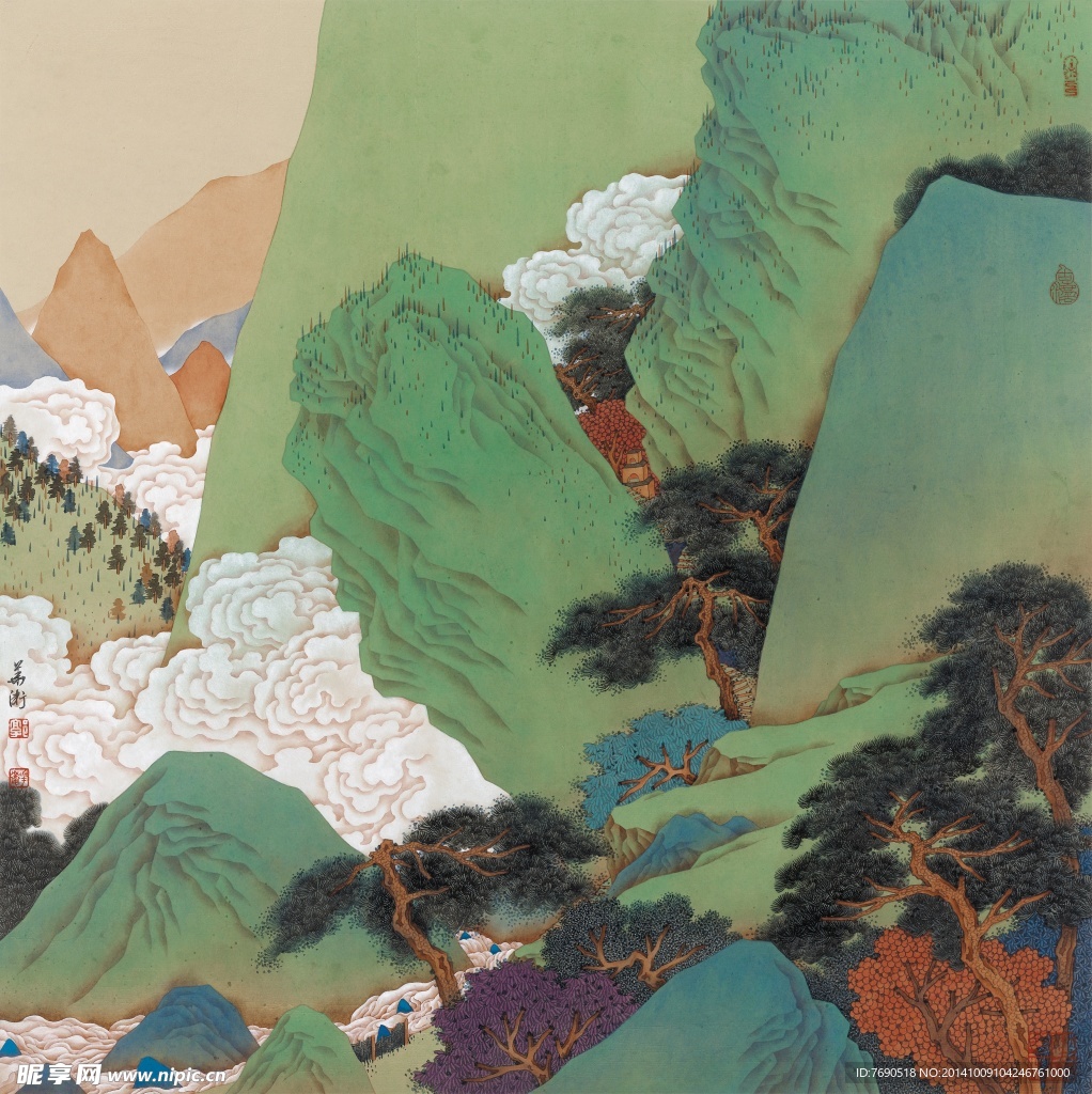 中国画青山绿水工笔重