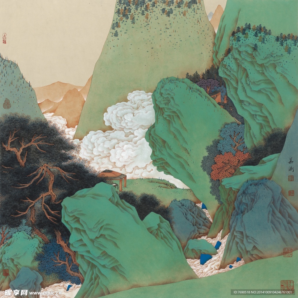 中国画青山绿水工笔重