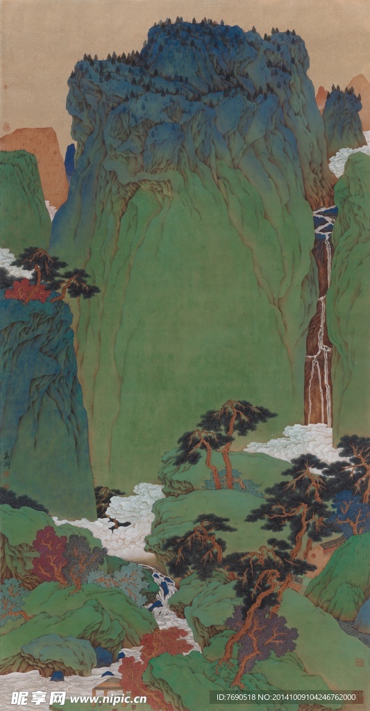 中国画青山绿水工笔重