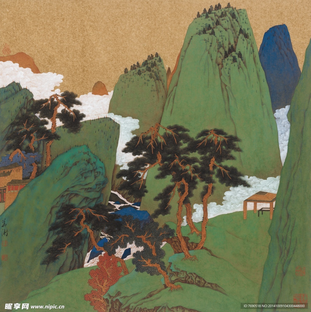 中国画青山绿水工笔重