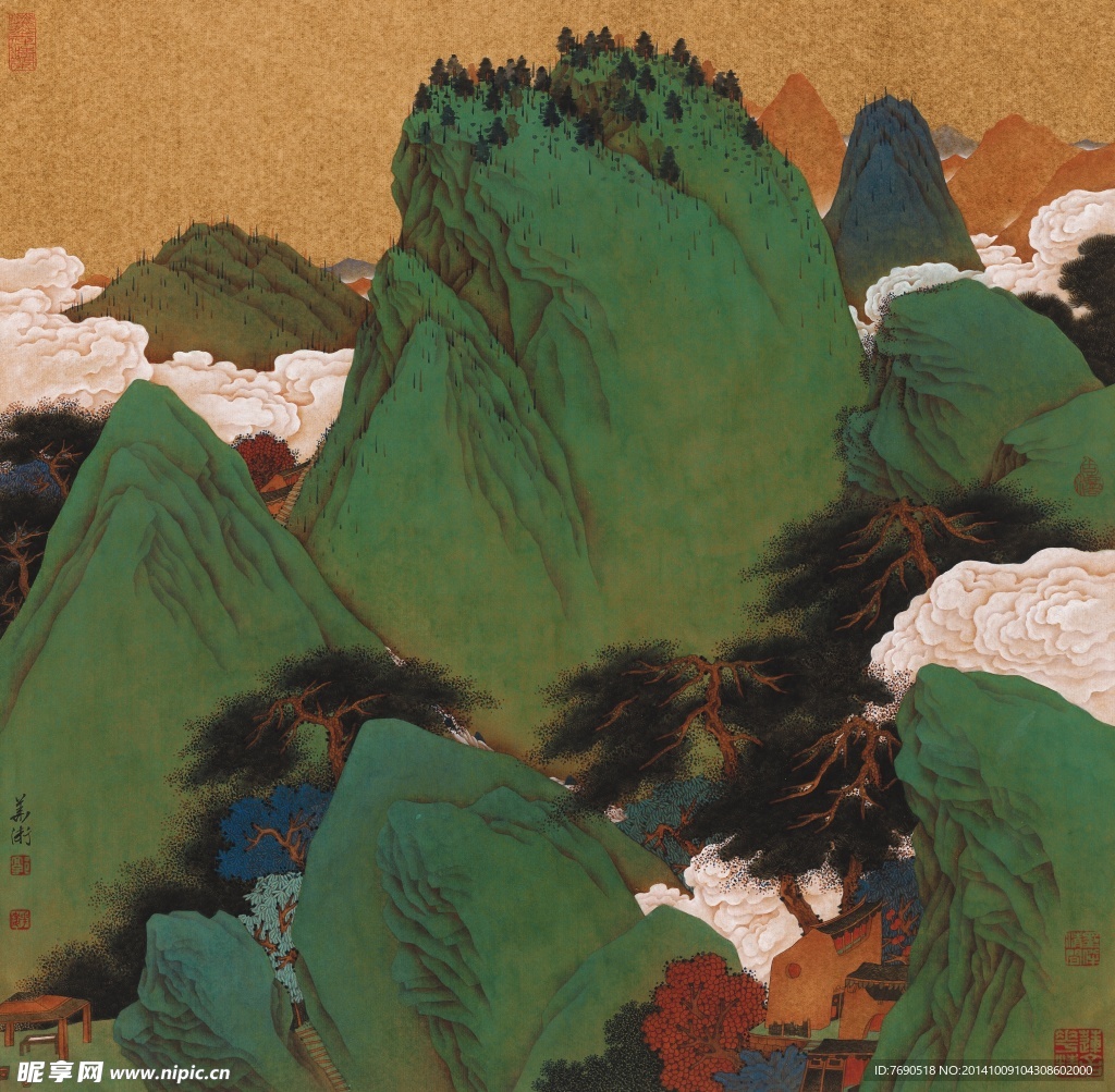 中国画青山绿水工笔重