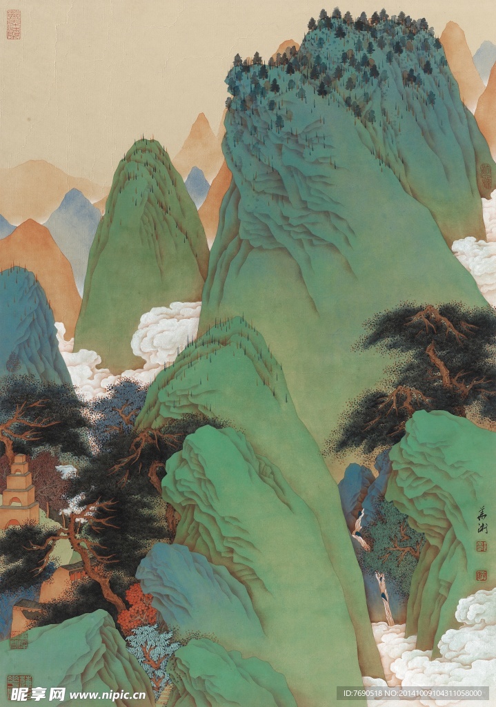 中国画青山绿水工笔重