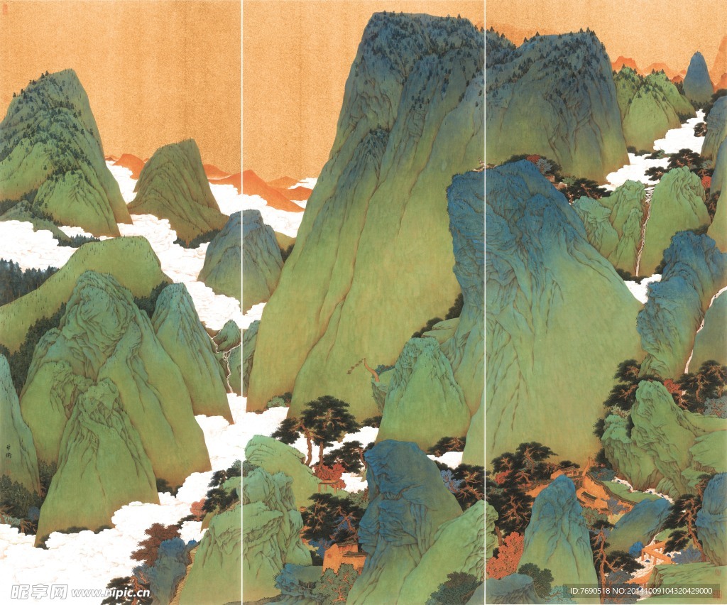 中国画青山绿水工笔重