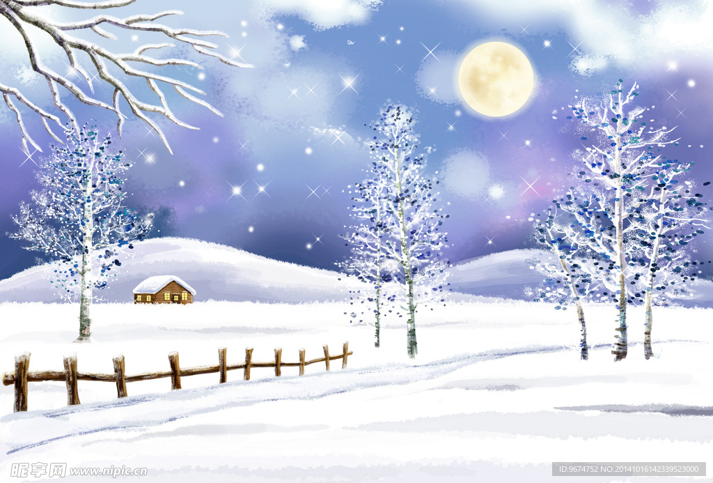 冬天雪景水彩画分层