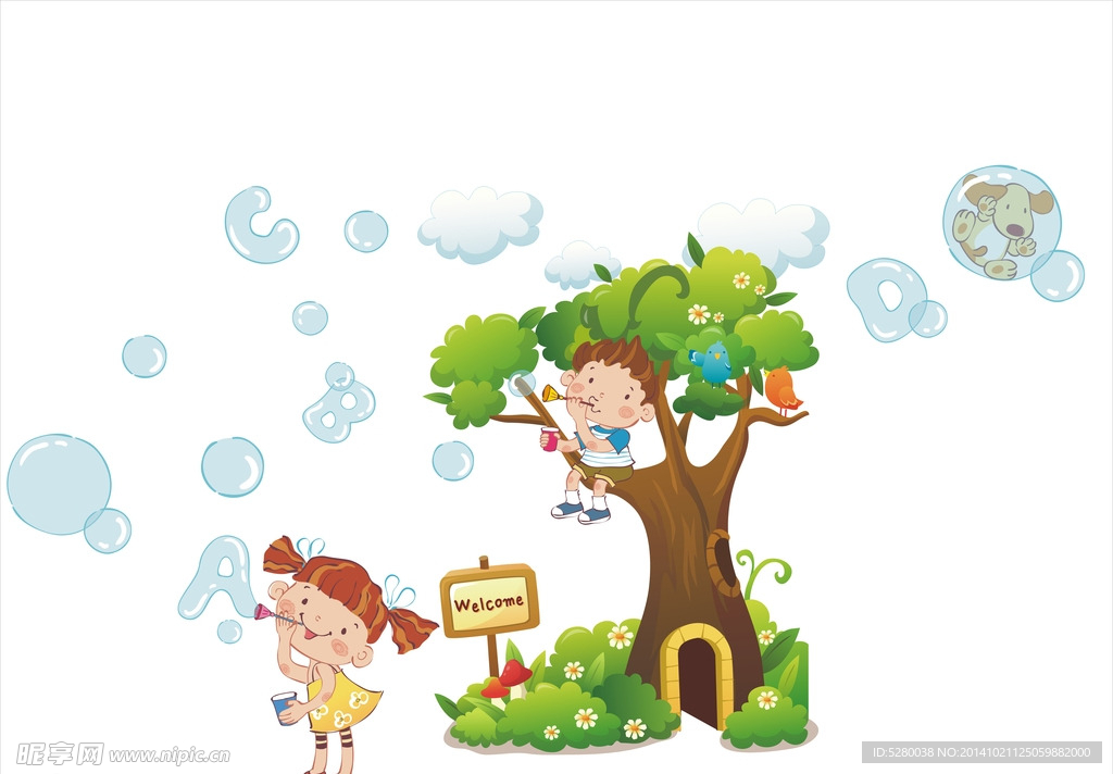 卡通  儿童 吹泡泡 墙