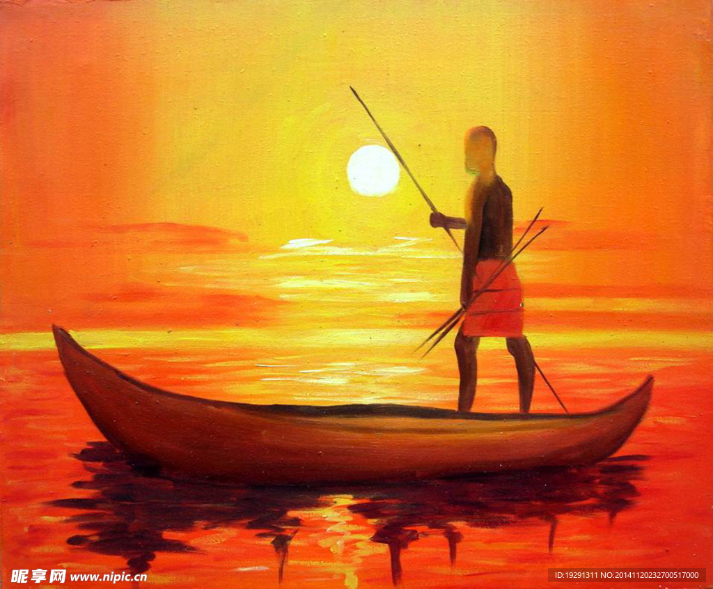 人物小船夕阳油画