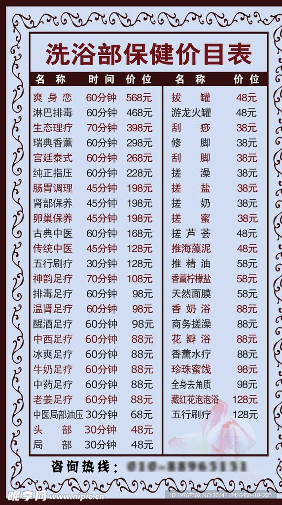 保健价目表