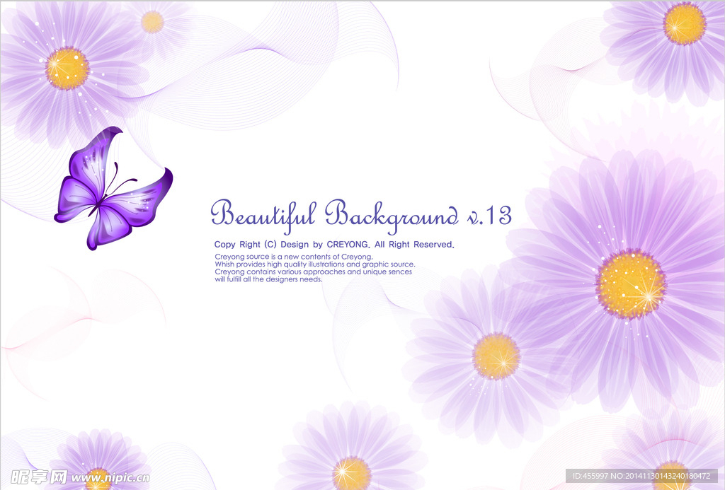 矢量紫色梦幻菊花卡通蝴蝶