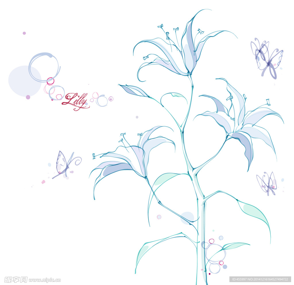 手绘矢量百合花线条花朵