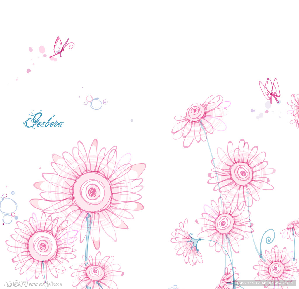 手绘矢量非洲菊线条花朵