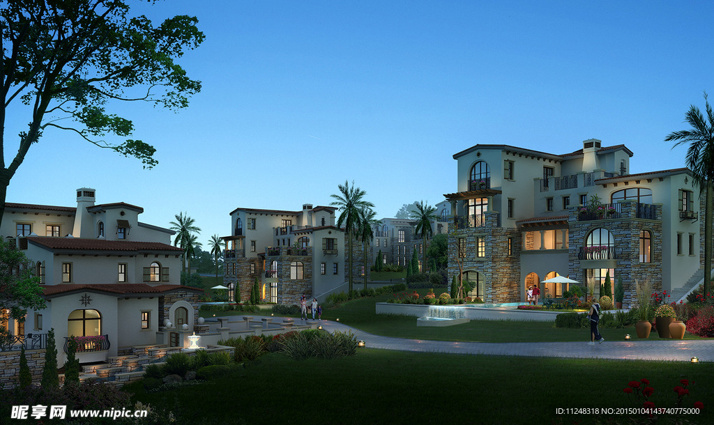 别墅建筑群夜景