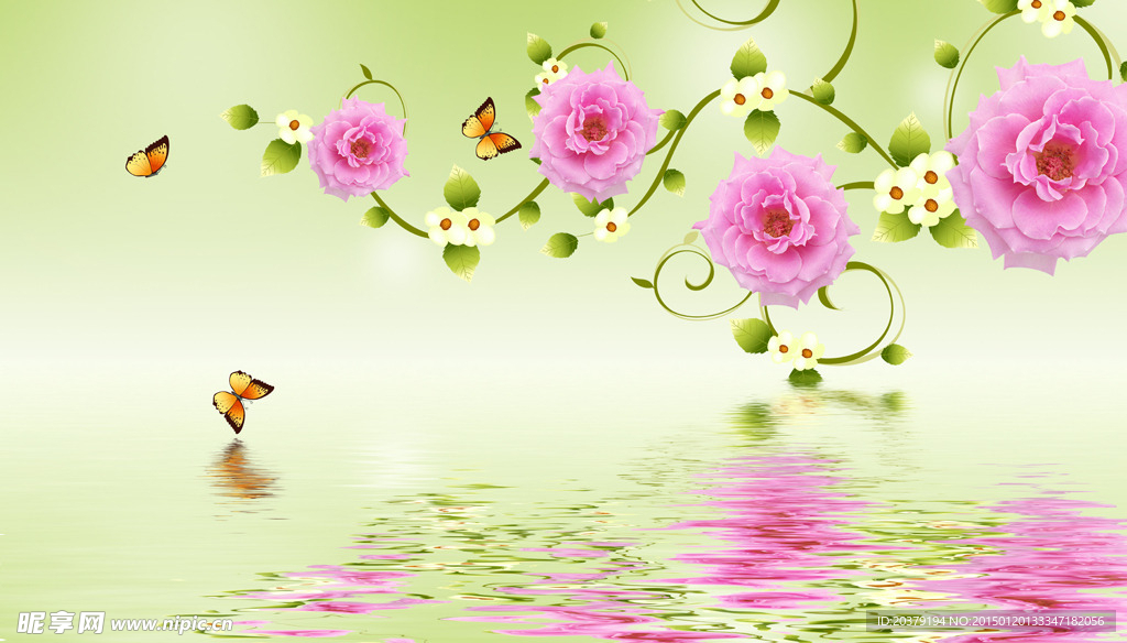 玫瑰牡丹花倒影花卉水纹