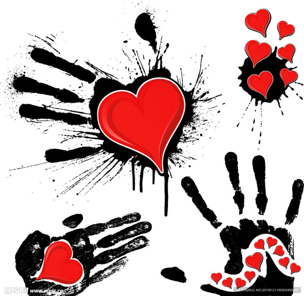 墨迹手印与红心矢量素材