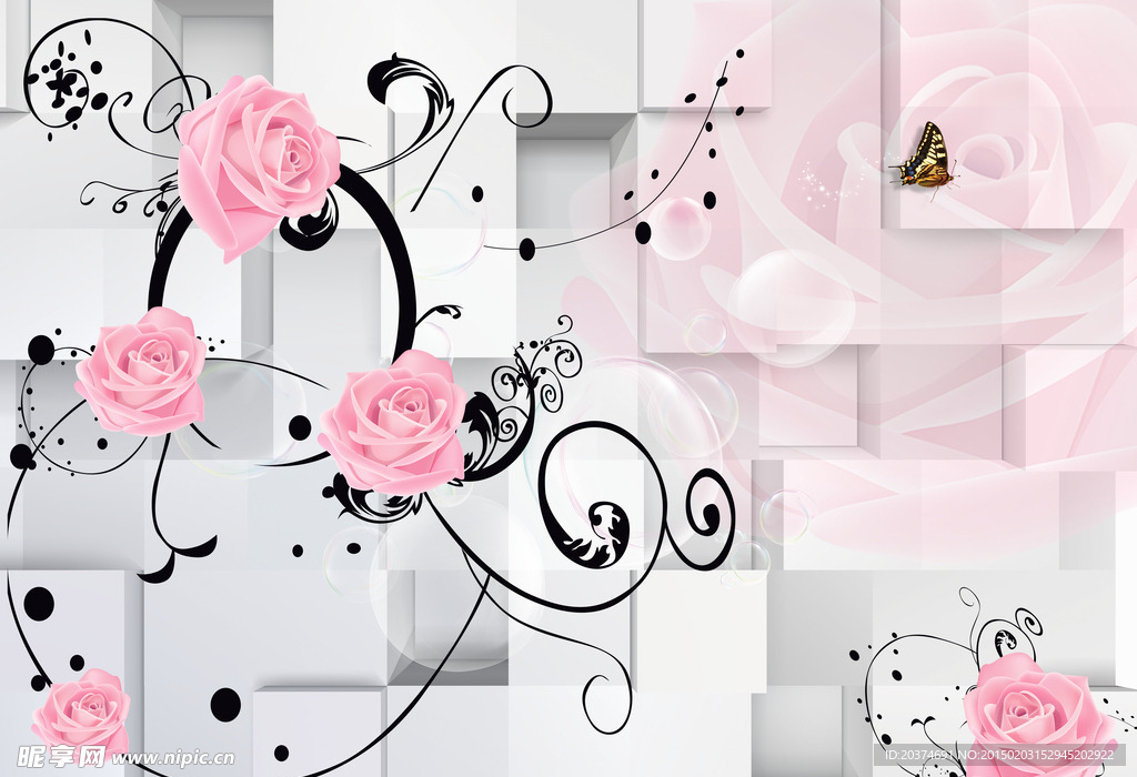 3D立体粉红玫瑰花纹背景墙