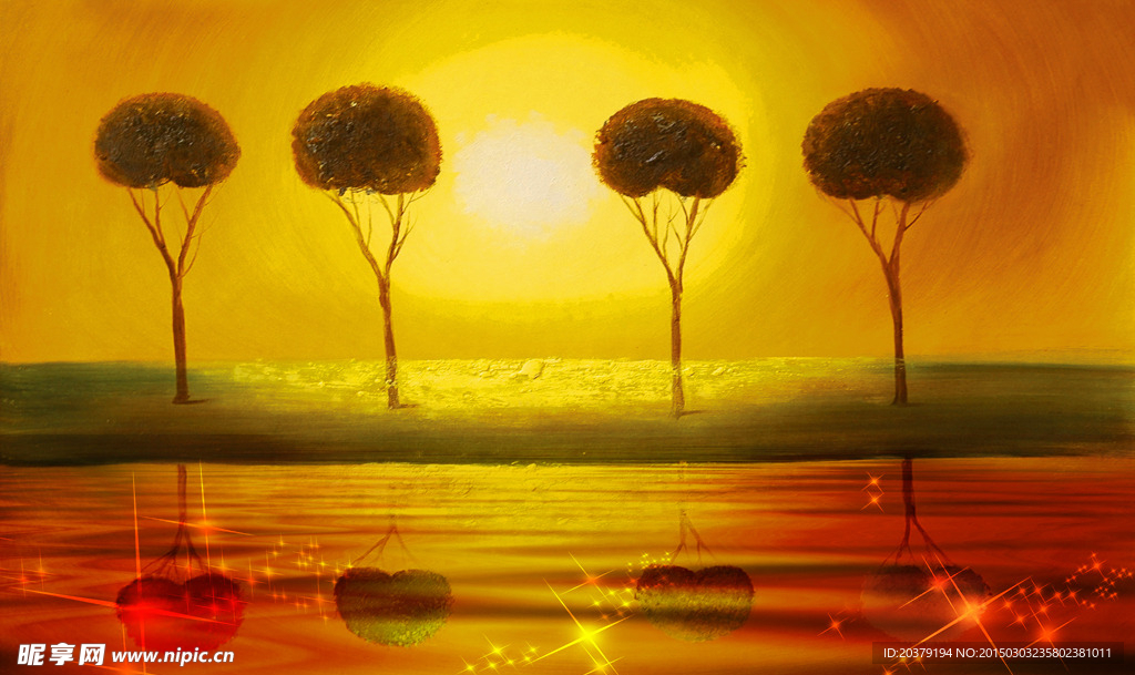 梦幻浪漫油画风景树水纹倒影
