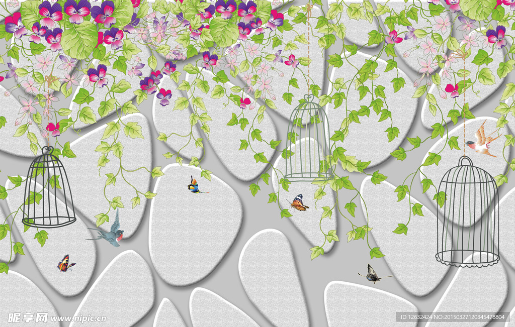 3D花藤鸟笼背景墙