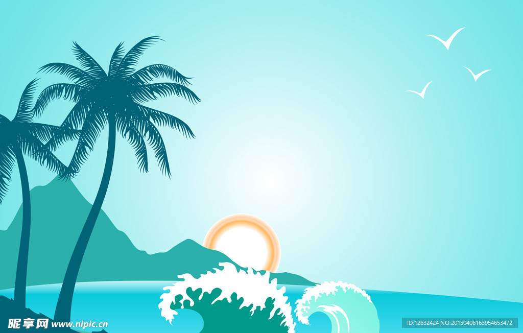 手绘海边风景背景墙