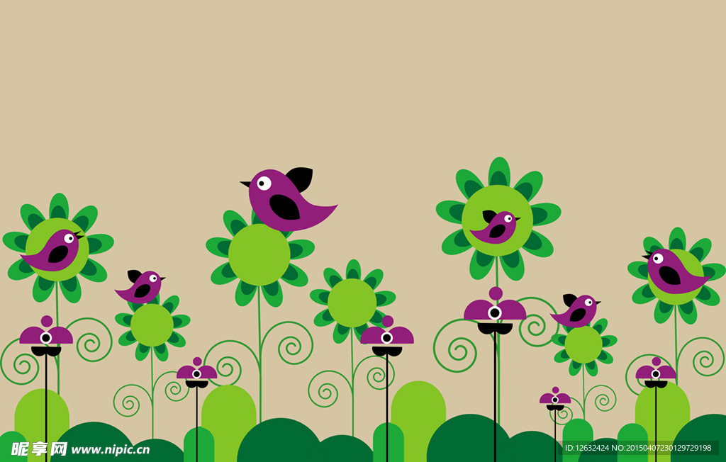 手绘小鸟向日葵背景墙