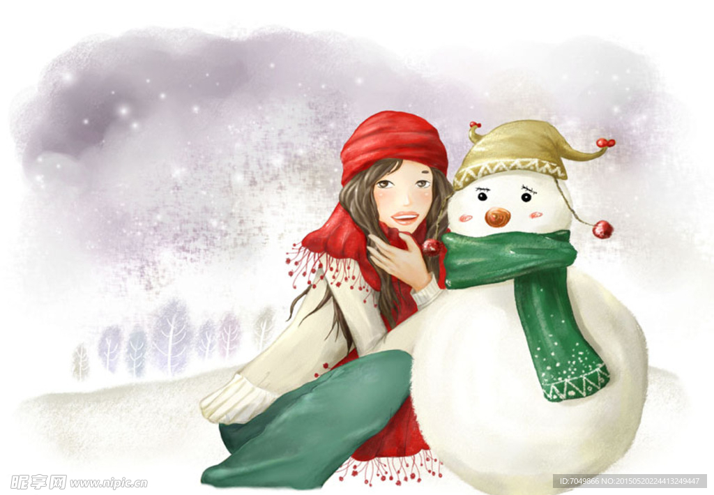 手绘雪地里的美女