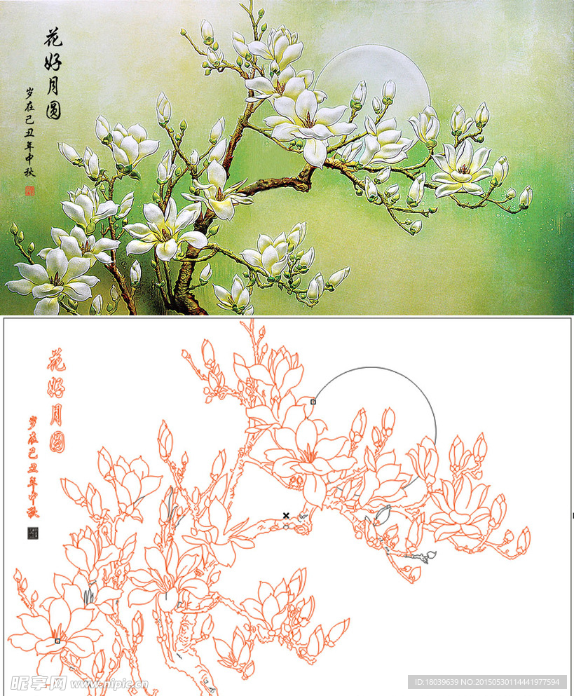 花好月圆艺术玻璃背景墙矢量图