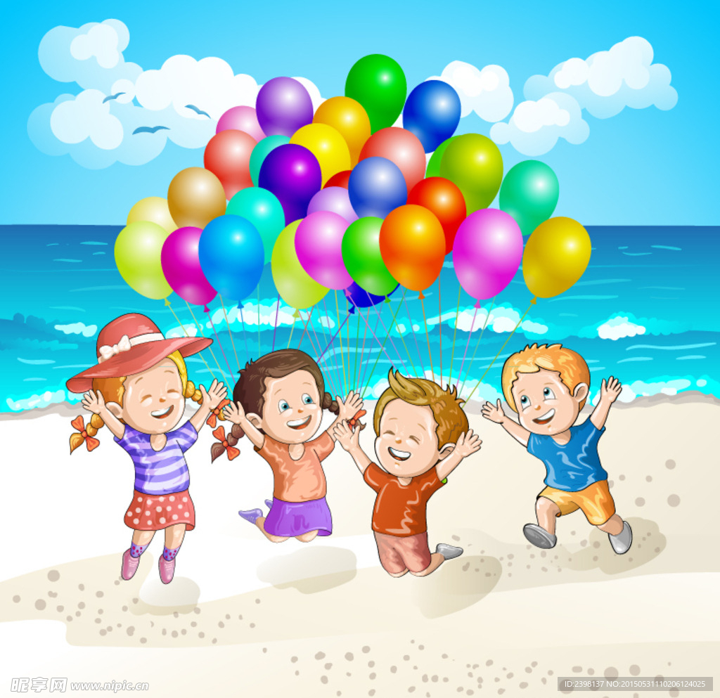 海滩玩气球的孩子