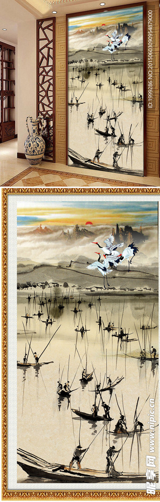 山水风景仙鹤装饰玄关背景墙