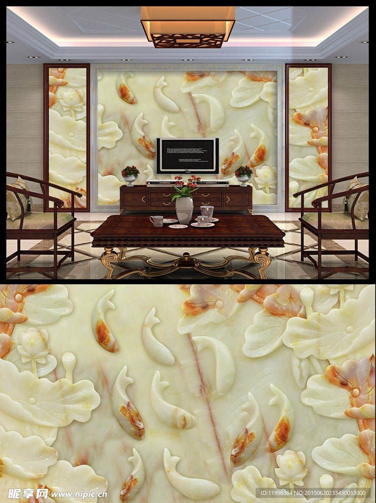 荷池莲花玉雕背景墙