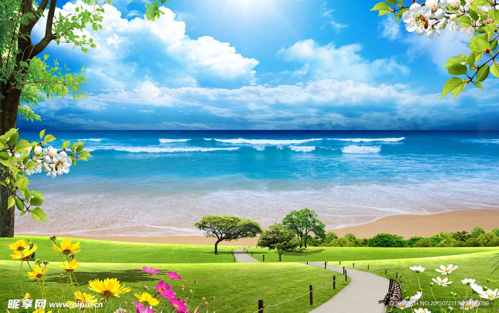 大海蓝天白云绿色背景图