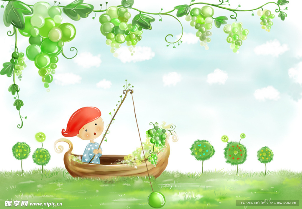 手绘坐在小船里男孩风景插画