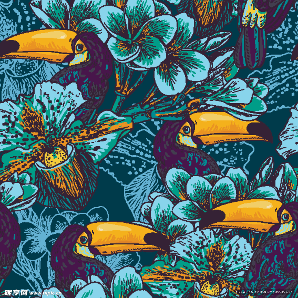 兰花鸟四方连续图案