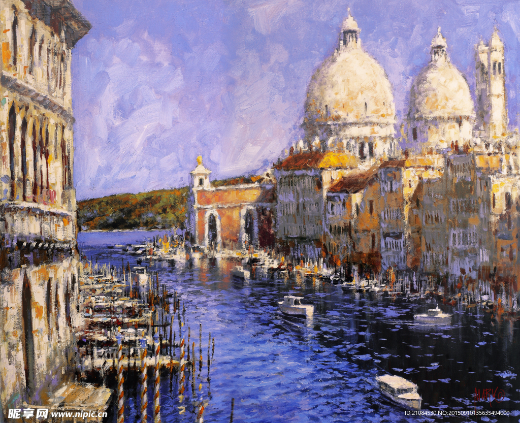 油画 风景 威尼斯 河道城市