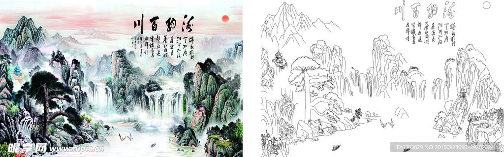 山水画线条图图片