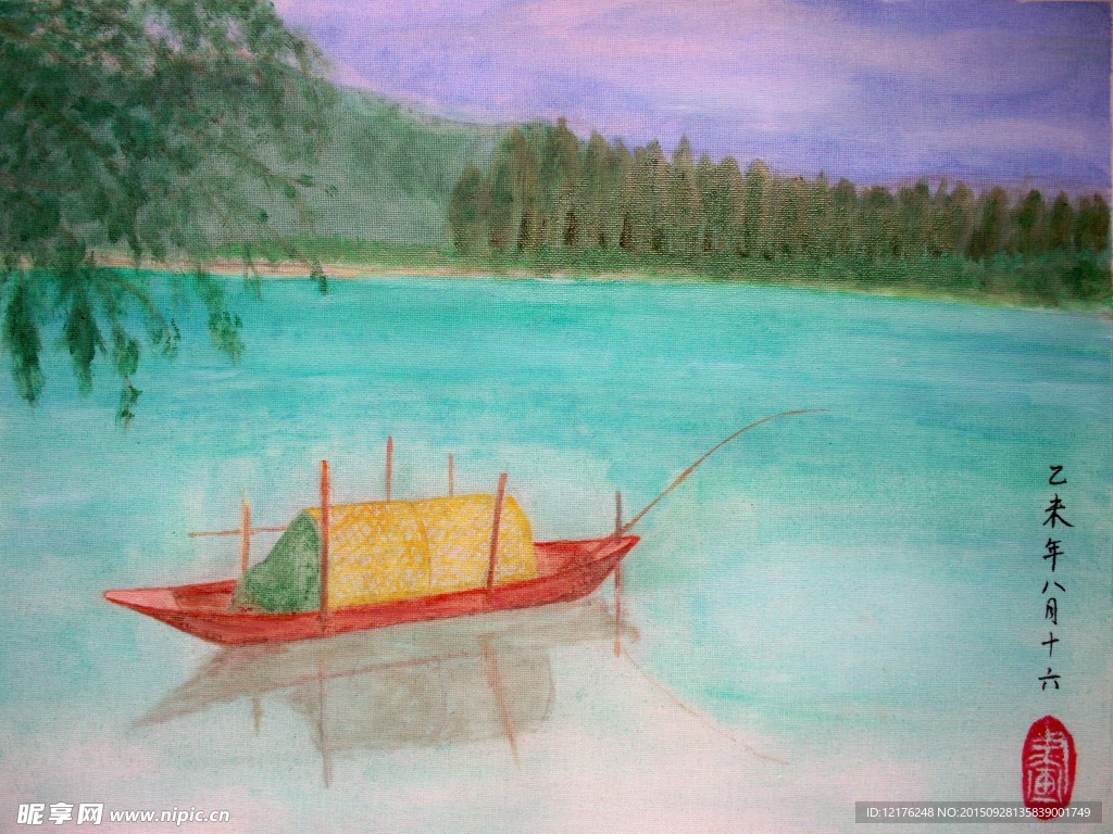 丽水古堰画乡小船河流油画