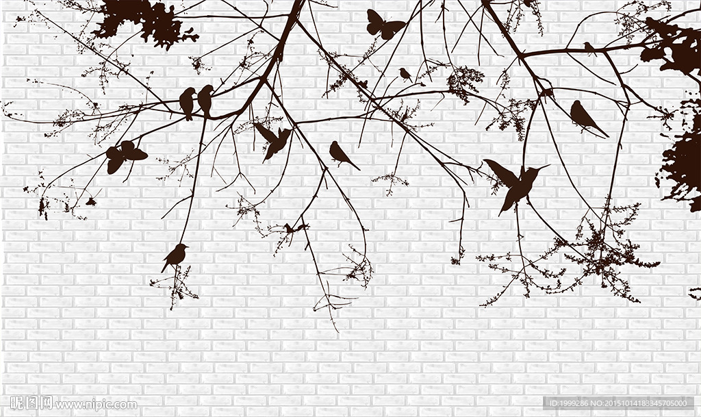 手绘黑白3d抽象树方格小鸟电视