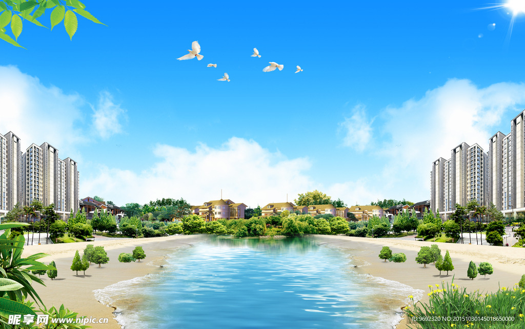 蓝天白云城市楼房