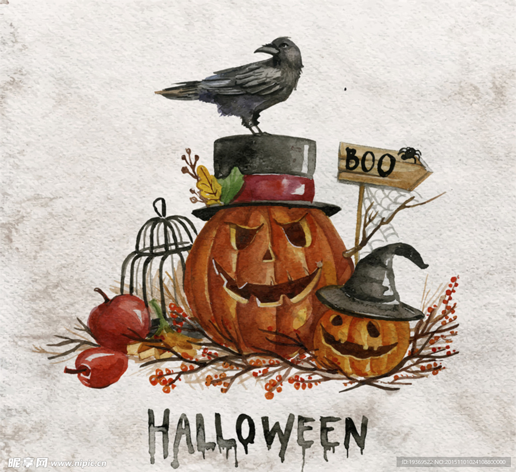 万圣节南瓜头和乌鸦矢量图