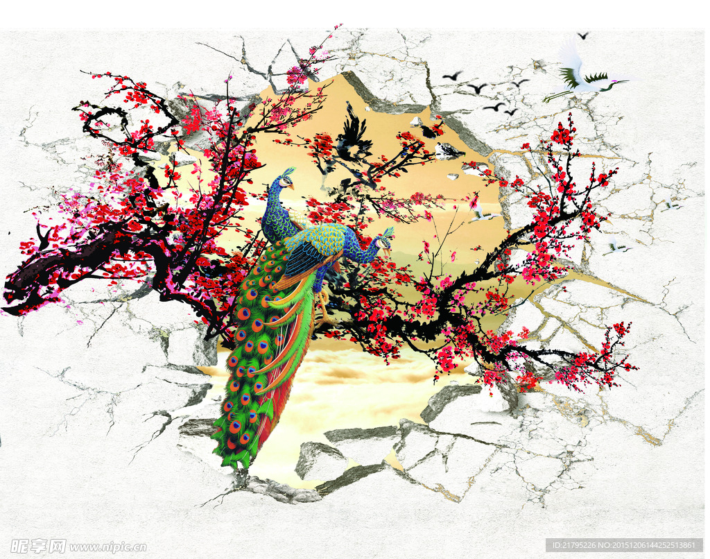 3D立体画破墙梅花孔雀