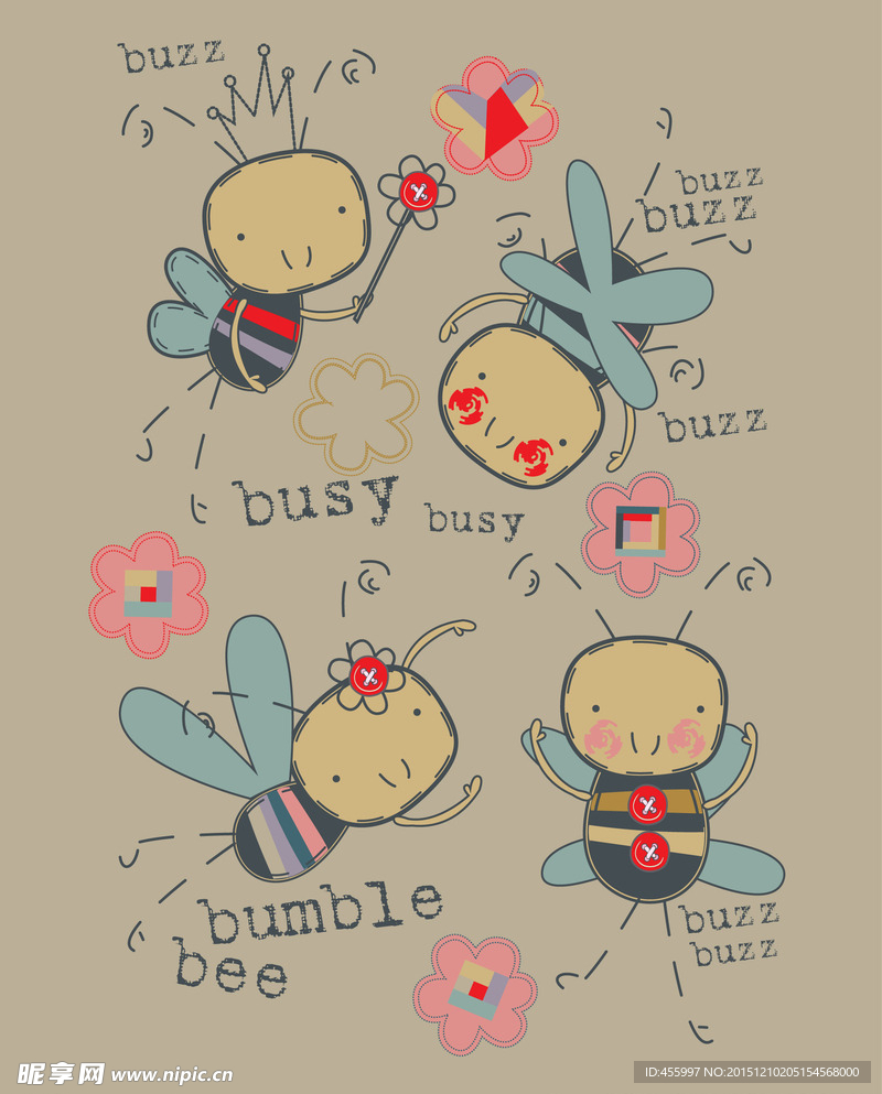 矢量卡通蜜蜂印花图案
